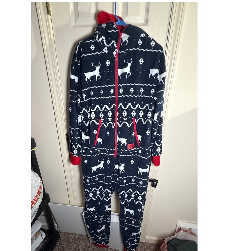 Tipsy Elves Mens XL Reindeer Fair Isle Fleece Hooded Jumpsuit Navy One Piece K15